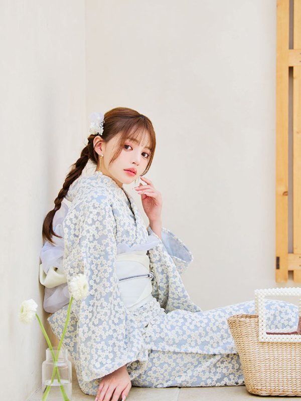 画像8: 【浴衣セール！】【即日発送】【浴衣】くすみブルー地x小花レース浴衣 【浴衣３点セット 浴衣/帯/下駄】[YMT]