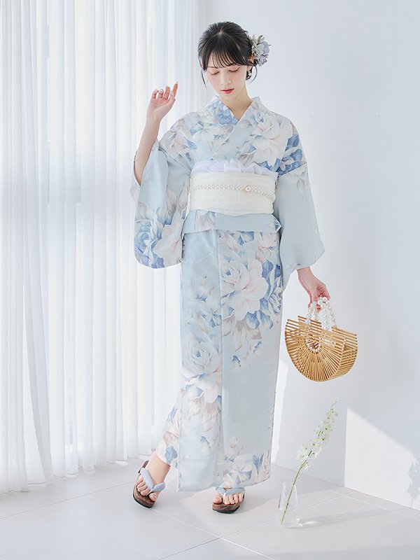 画像6: 【即日発送】クラシカルローズブルー浴衣  【浴衣３点セット 浴衣/帯/下駄】[YMT]