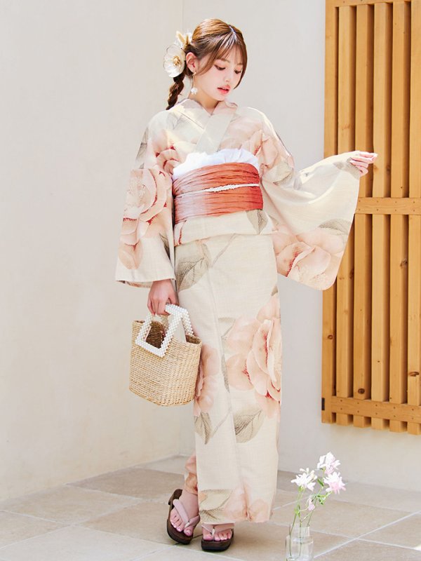 画像4: 【即日発送】ピンクベージュ牡丹浴衣【浴衣３点セット 浴衣/帯/下駄】[YMT]
