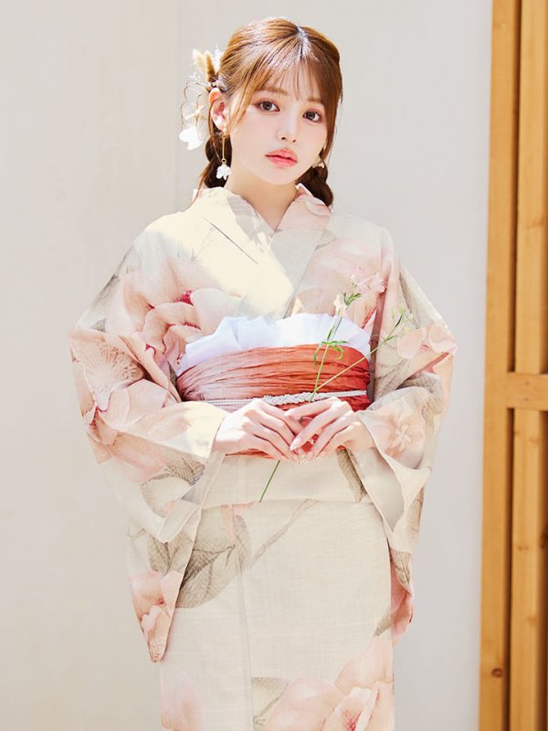 画像9: 【即日発送】ピンクベージュ牡丹浴衣【浴衣３点セット 浴衣/帯/下駄】[YMT]