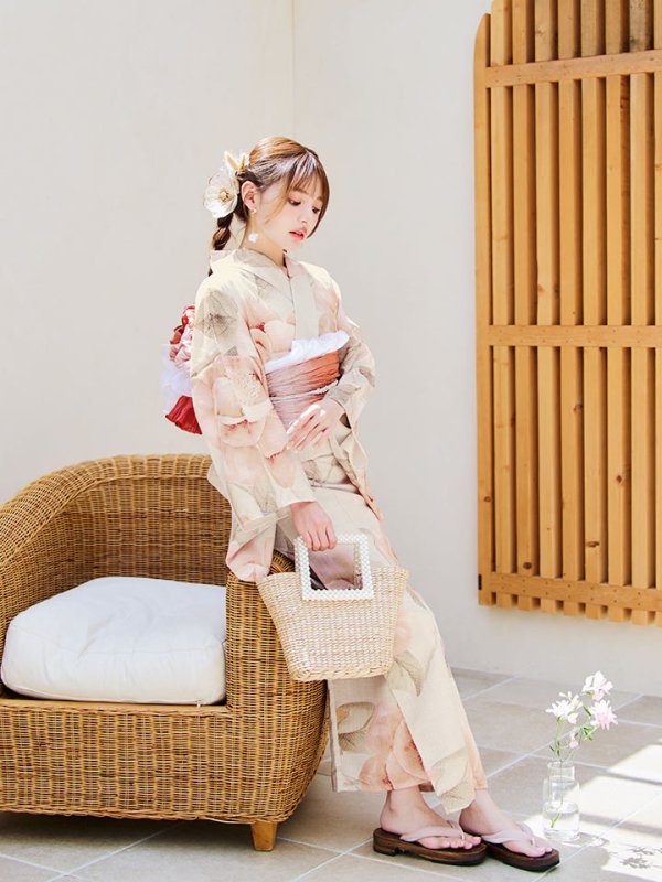 画像10: 【即日発送】ピンクベージュ牡丹浴衣【浴衣３点セット 浴衣/帯/下駄】[YMT]