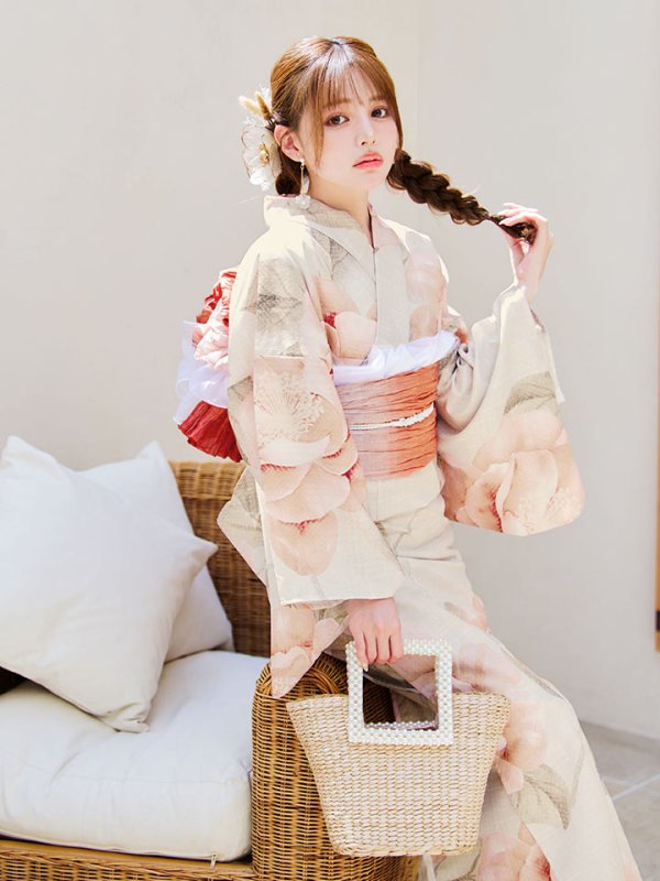 画像12: 【即日発送】ピンクベージュ牡丹浴衣【浴衣３点セット 浴衣/帯/下駄】[YMT]