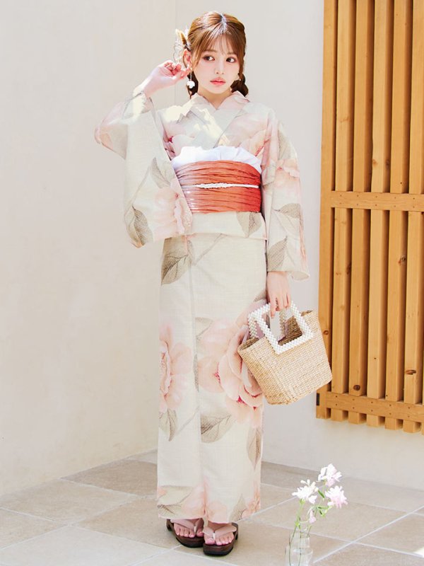画像13: 【即日発送】ピンクベージュ牡丹浴衣【浴衣３点セット 浴衣/帯/下駄】[YMT]