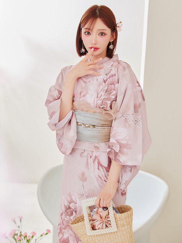 画像3: 【即日発送】くすみピンクアンティークフラワー浴衣  【浴衣３点セット 浴衣/帯/下駄】[YMT]