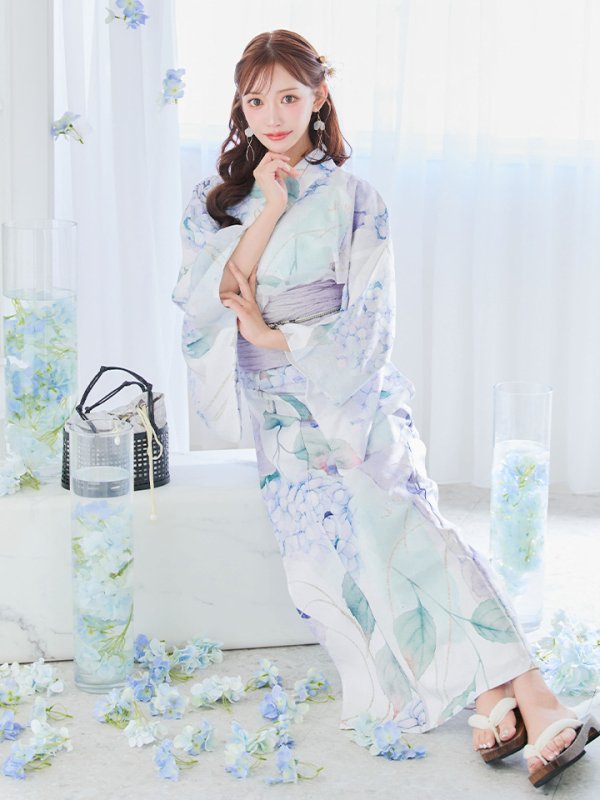 画像14: 【即日発送】シャーベット水彩紫陽花浴衣  【浴衣３点セット 浴衣/帯/下駄】[OF04]
