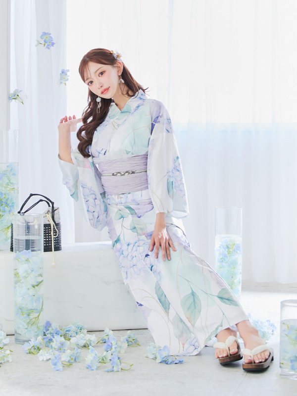画像15: 【即日発送】シャーベット水彩紫陽花浴衣  【浴衣３点セット 浴衣/帯/下駄】[OF04]