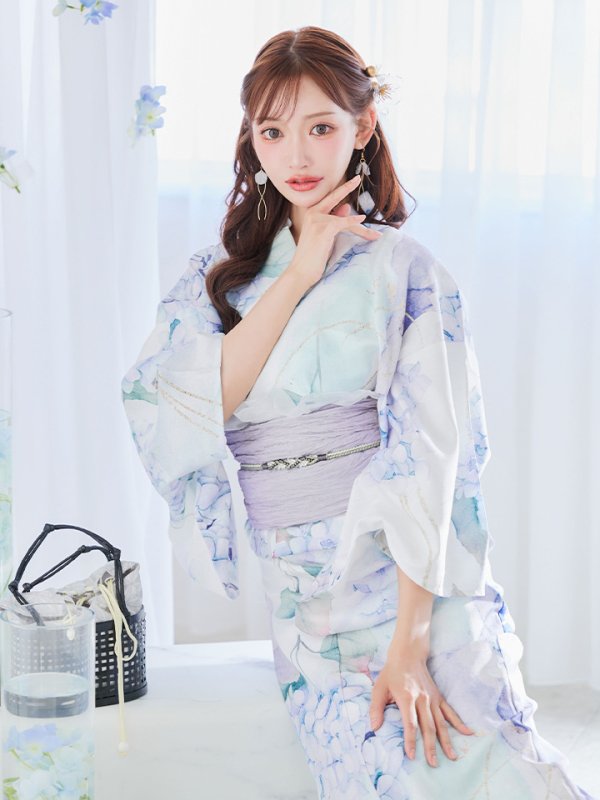 画像16: 【即日発送】シャーベット水彩紫陽花浴衣  【浴衣３点セット 浴衣/帯/下駄】[OF04]