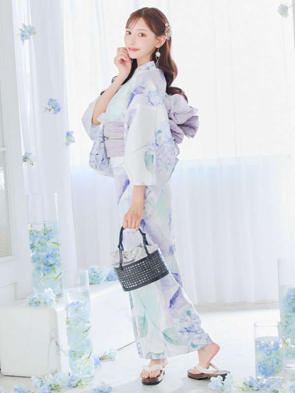 画像6: 【即日発送】シャーベット水彩紫陽花浴衣  【浴衣３点セット 浴衣/帯/下駄】[OF04]