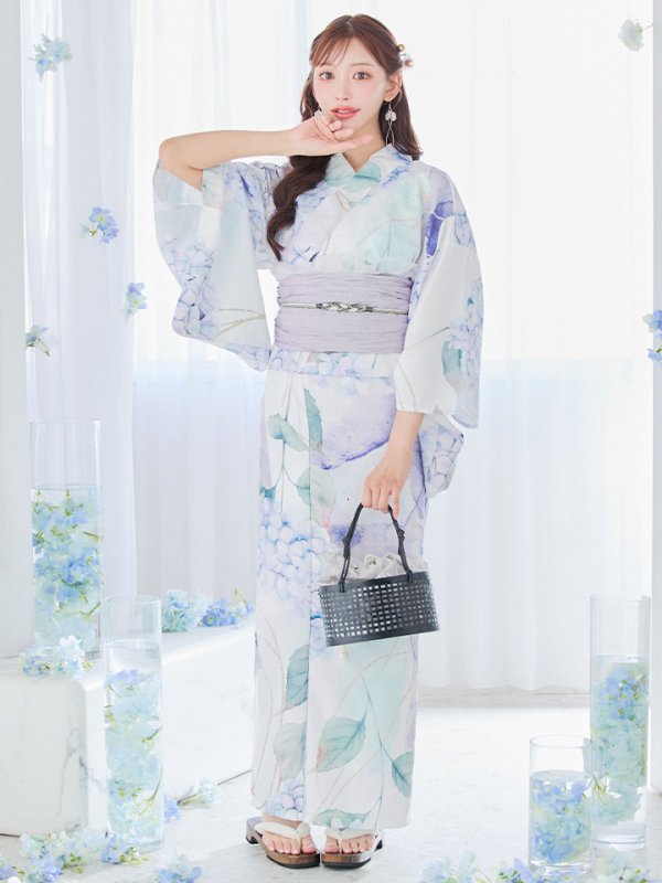 画像7: 【即日発送】シャーベット水彩紫陽花浴衣  【浴衣３点セット 浴衣/帯/下駄】[OF04]