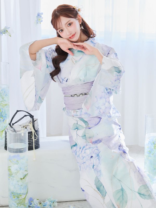 画像9: 【即日発送】シャーベット水彩紫陽花浴衣  【浴衣３点セット 浴衣/帯/下駄】[OF04]