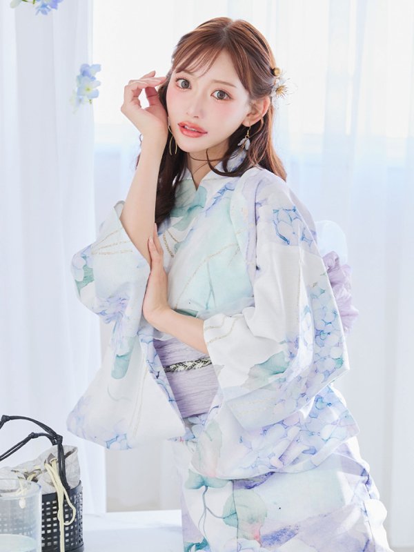 画像10: 【即日発送】シャーベット水彩紫陽花浴衣  【浴衣３点セット 浴衣/帯/下駄】[OF04]