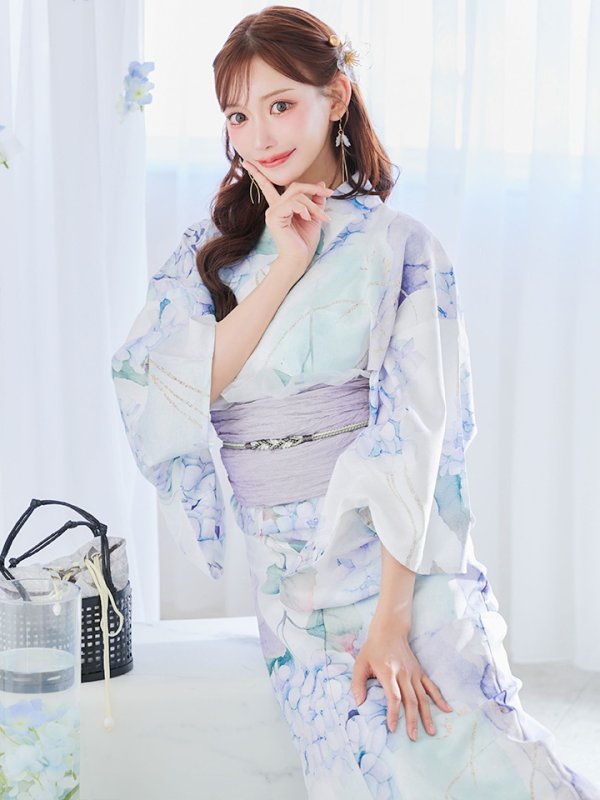 画像11: 【即日発送】シャーベット水彩紫陽花浴衣  【浴衣３点セット 浴衣/帯/下駄】[OF04]