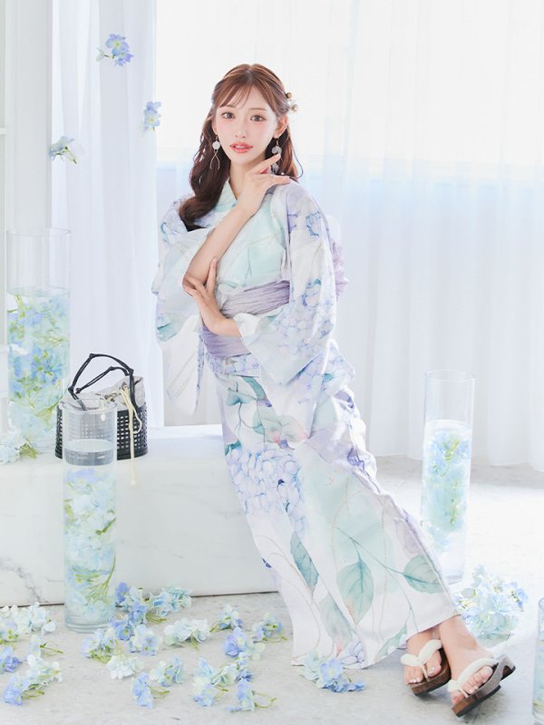 画像12: 【即日発送】シャーベット水彩紫陽花浴衣  【浴衣３点セット 浴衣/帯/下駄】[OF04]