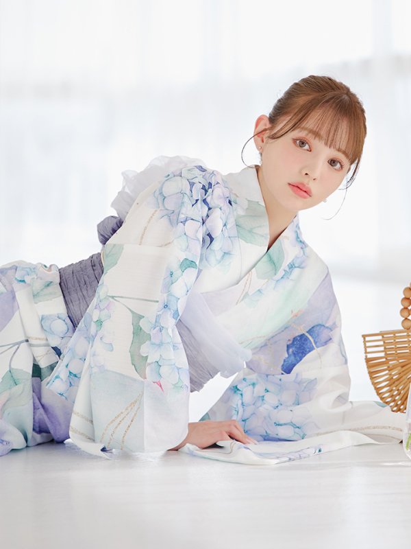 画像2: シャーベット水彩紫陽花浴衣  【浴衣３点セット 浴衣/帯/下駄】OBI-g-500-kj-8-GY / HIMO-900-yn-3-GYxGD / HEKO-800-sb-5-W / YA-1016-kj-CL / GETA-01-kj-3-IV [YMT]