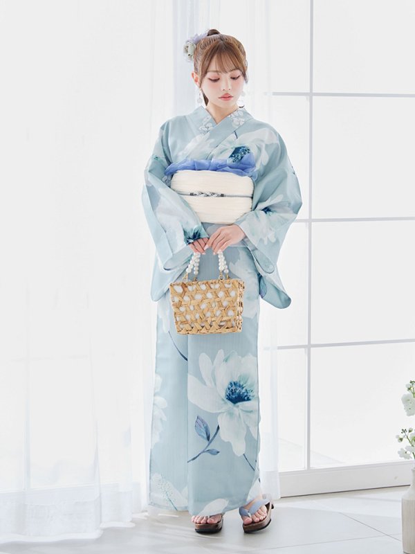 画像4: 【即日発送】ブルーホワイトフラワー柄浴衣  【浴衣３点セット 浴衣/帯/下駄】[YMT]