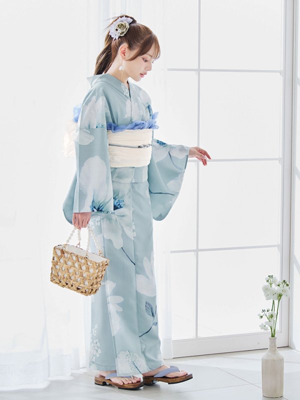 画像6: 【即日発送】ブルーホワイトフラワー柄浴衣  【浴衣３点セット 浴衣/帯/下駄】[YMT]