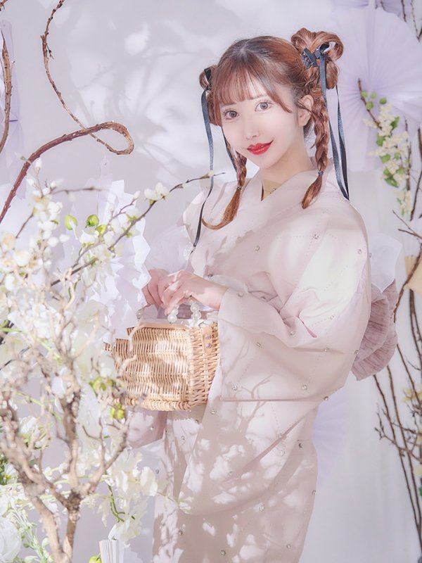 画像1: アーガイルビジュー浴衣【浴衣３点セット 浴衣/帯/下駄】OBI-siwa-204-wk-9-DusP / HIMO-906-yn-PEARL / HEKO-800-sb-5-W / GETA-01-kj-7-P/ [YMT]