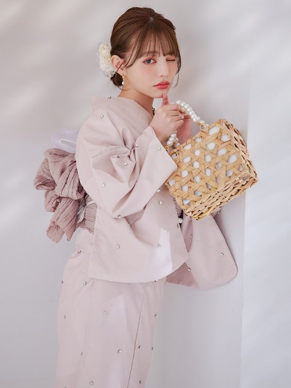 画像1: アーガイルビジュー浴衣  【浴衣３点セット 浴衣/帯/下駄】OBI-siwa-204-wk-14-DusP / HIMO-906-yn-PEARL / HEKO-800-sb-5-W / YA-1075-kn-BE / GETA-01-kj-7-P/ [YMT]
