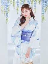 水彩百合ナチュラルブルー浴衣  【浴衣３点セット 浴衣/帯/下駄】OBI-g-500-kj-9-NV / HIMO-900-yn-4-GYxGY / HEKO-800-sb-8-DusBL / YA-1074-kn-BL / GETA-01-kj-2-BL / [YMT]
