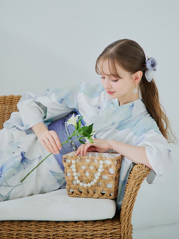 画像6: 【即日発送】【浴衣セール！】水彩百合ナチュラルブルー浴衣【浴衣３点セット 浴衣/帯/下駄】[YMT]