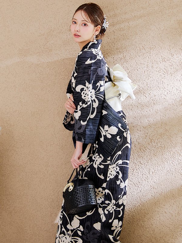 画像11: 【即日発送】黒地ストライプ彼岸花浴衣 【浴衣３点セット 浴衣/帯/下駄】 [OF04]