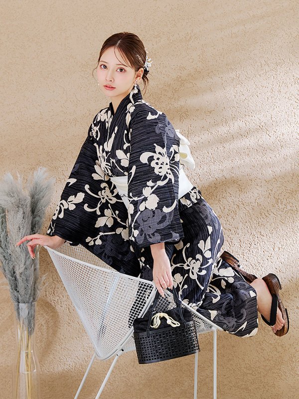 画像14: 【即日発送】黒地ストライプ彼岸花浴衣 【浴衣３点セット 浴衣/帯/下駄】 [OF04]