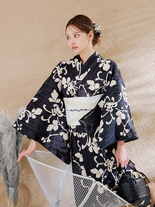 画像15: 【即日発送】黒地ストライプ彼岸花浴衣 【浴衣３点セット 浴衣/帯/下駄】 [OF04]