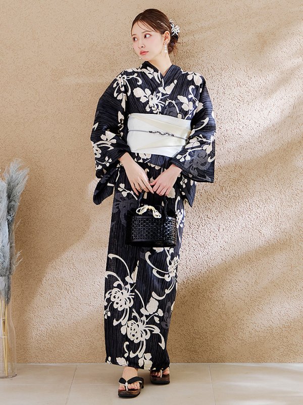 画像8: 【即日発送】黒地ストライプ彼岸花浴衣 【浴衣３点セット 浴衣/帯/下駄】 [OF04]