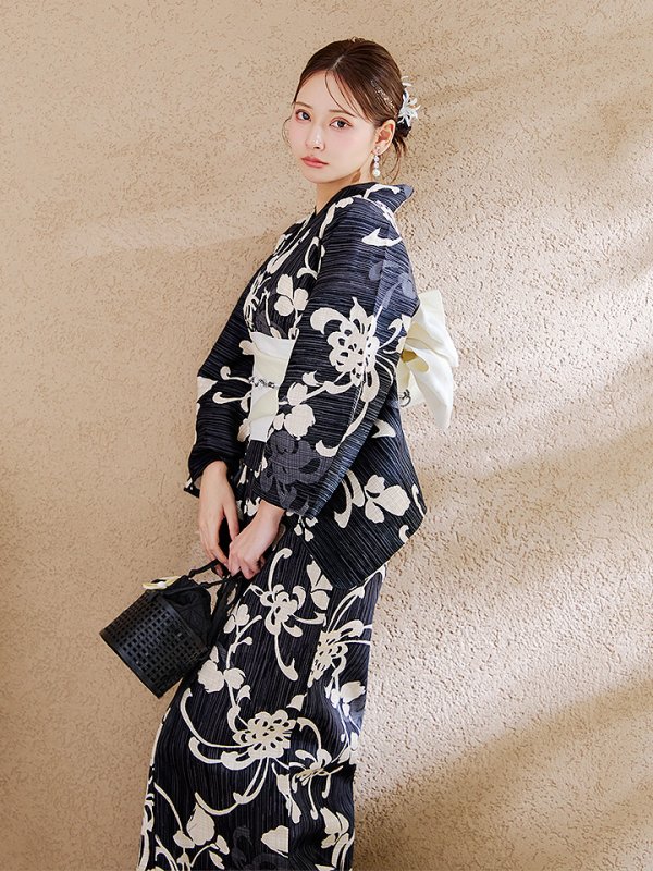 画像9: 【即日発送】黒地ストライプ彼岸花浴衣 【浴衣３点セット 浴衣/帯/下駄】 [OF04]