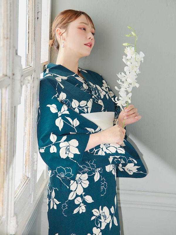 画像14: 【即日発送】藍色椿桜柄浴衣  【浴衣３点セット 浴衣/帯/下駄】[YMT]