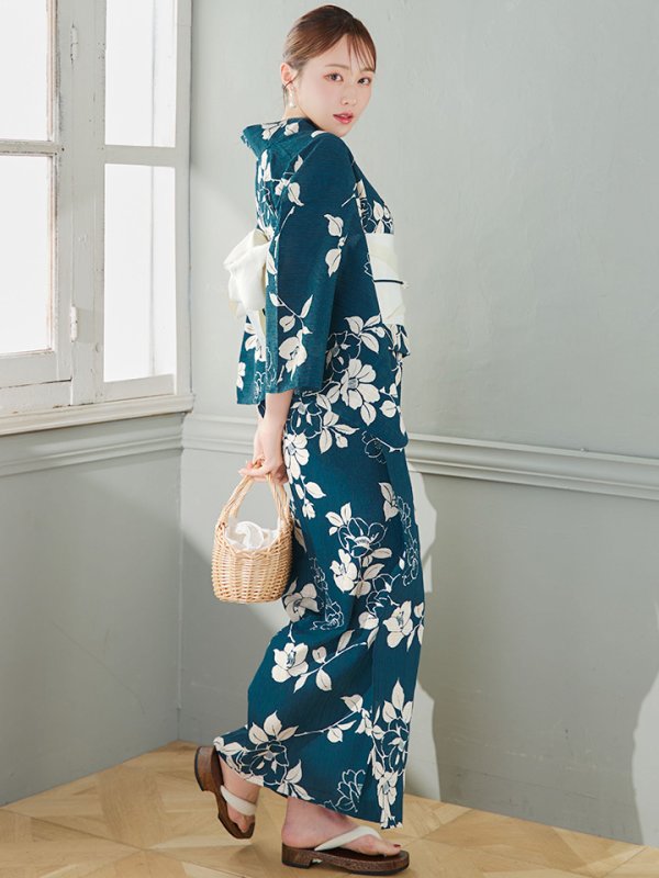 画像3: 【即日発送】藍色椿桜柄浴衣  【浴衣３点セット 浴衣/帯/下駄】[YMT]