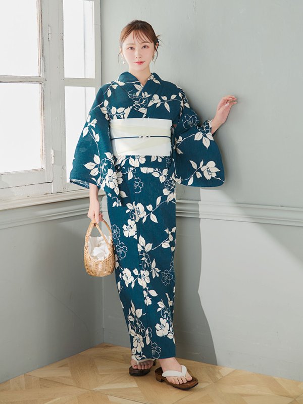 画像6: 【即日発送】藍色椿桜柄浴衣  【浴衣３点セット 浴衣/帯/下駄】[YMT]
