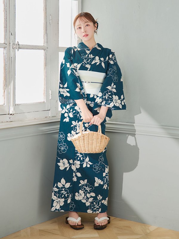 画像7: 【即日発送】藍色椿桜柄浴衣  【浴衣３点セット 浴衣/帯/下駄】[YMT]