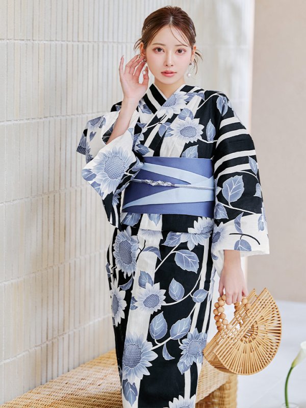 画像11: 【即日発送】濃淡碧向日葵ストライプ浴衣 【浴衣３点セット 浴衣/帯/下駄】[y/YMT]