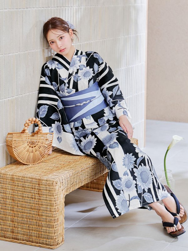 画像12: 【即日発送】濃淡碧向日葵ストライプ浴衣 【浴衣３点セット 浴衣/帯/下駄】[y/YMT]