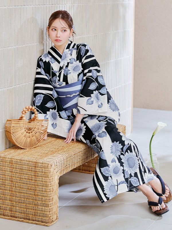 画像13: 【即日発送】濃淡碧向日葵ストライプ浴衣 【浴衣３点セット 浴衣/帯/下駄】[y/YMT]