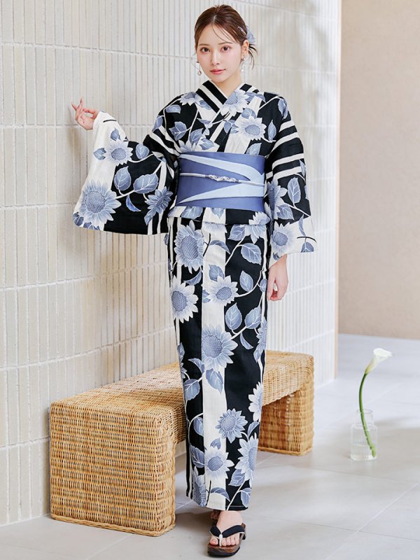 画像4: 【即日発送】濃淡碧向日葵ストライプ浴衣 【浴衣３点セット 浴衣/帯/下駄】[y/YMT]