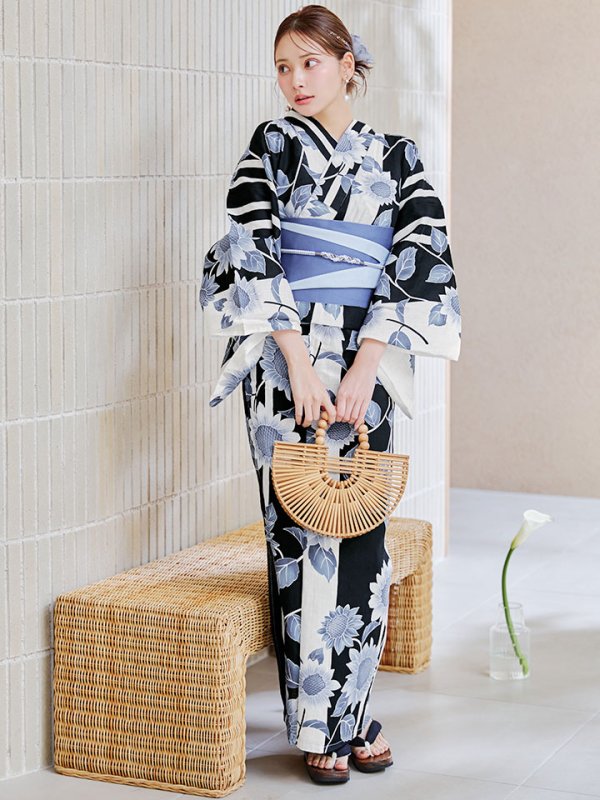 画像7: 【即日発送】濃淡碧向日葵ストライプ浴衣 【浴衣３点セット 浴衣/帯/下駄】[y/YMT]