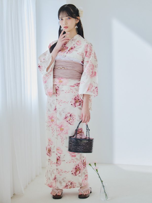画像4: 【即日発送】水彩ピンク牡丹柄浴衣  【浴衣３点セット 浴衣/帯/下駄】[YMT]