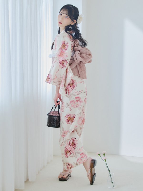 画像7: 【即日発送】水彩ピンク牡丹柄浴衣  【浴衣３点セット 浴衣/帯/下駄】[YMT]