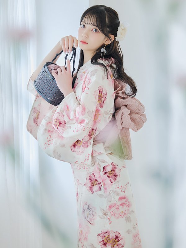 画像9: 【即日発送】水彩ピンク牡丹柄浴衣  【浴衣３点セット 浴衣/帯/下駄】[YMT]