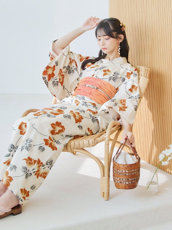 画像11: 【即日発送】橙色に花咲く蔓模様浴衣  【浴衣３点セット 浴衣/帯/下駄】[YMT]