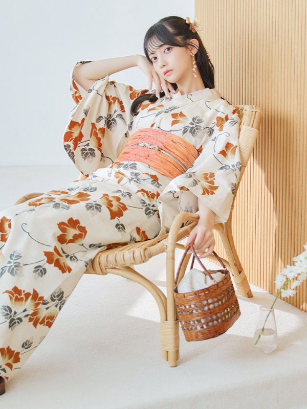 画像12: 【即日発送】橙色に花咲く蔓模様浴衣  【浴衣３点セット 浴衣/帯/下駄】[YMT]