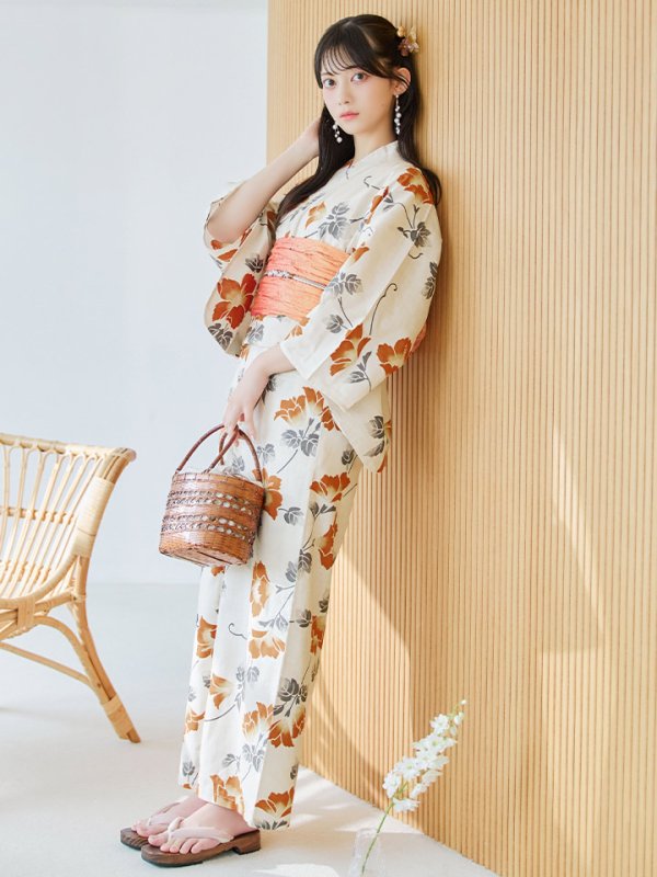 画像4: 【即日発送】橙色に花咲く蔓模様浴衣  【浴衣３点セット 浴衣/帯/下駄】[YMT]