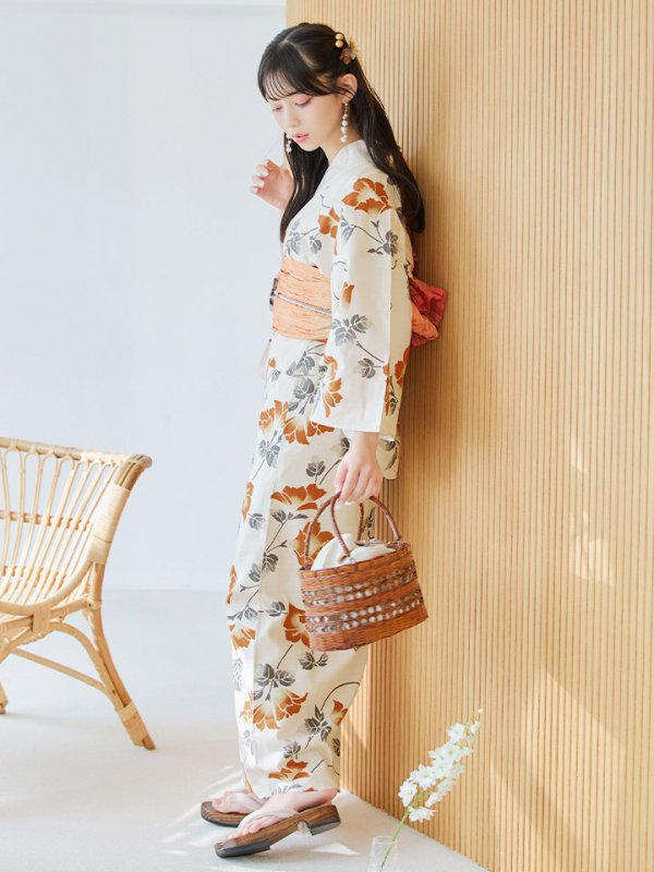 画像5: 【即日発送】橙色に花咲く蔓模様浴衣  【浴衣３点セット 浴衣/帯/下駄】[YMT]