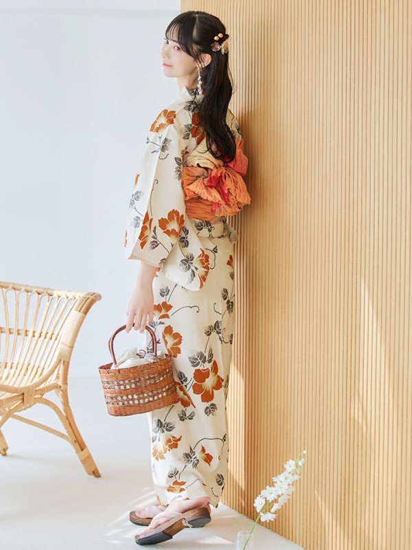 画像6: 【即日発送】橙色に花咲く蔓模様浴衣  【浴衣３点セット 浴衣/帯/下駄】[YMT]