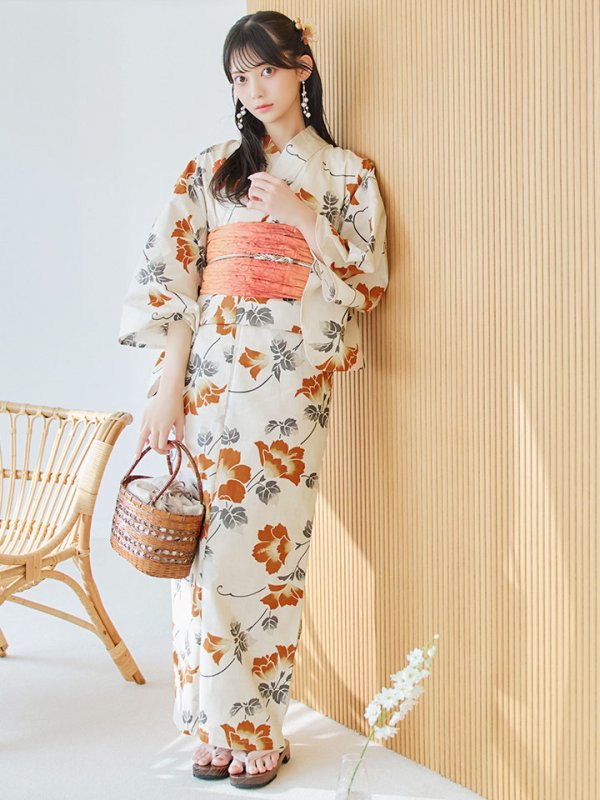画像7: 【即日発送】橙色に花咲く蔓模様浴衣  【浴衣３点セット 浴衣/帯/下駄】[YMT]