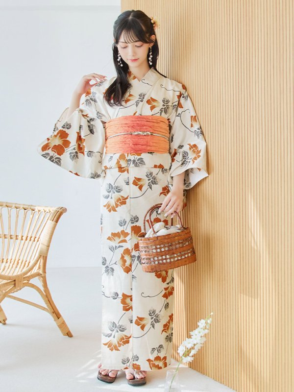 画像8: 【即日発送】橙色に花咲く蔓模様浴衣  【浴衣３点セット 浴衣/帯/下駄】[YMT]