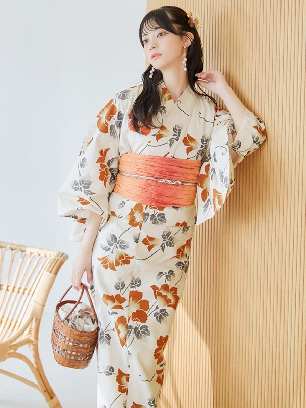 画像9: 【即日発送】橙色に花咲く蔓模様浴衣  【浴衣３点セット 浴衣/帯/下駄】[YMT]