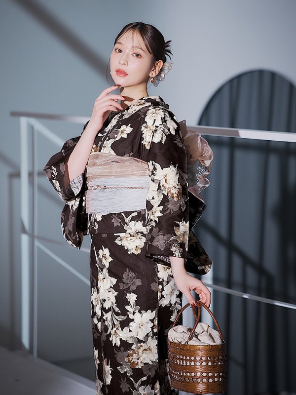 画像10: 【即日発送】ブラウン地の宵染牡丹浴衣  【浴衣３点セット 浴衣/帯/下駄】[YMT]